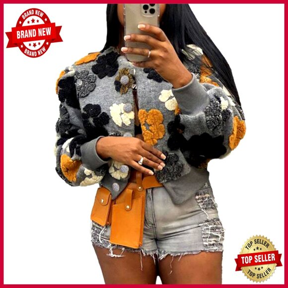 Cropped Floral Bomber Jacket Acrylic Fabric Button Closure Relaxed Fit